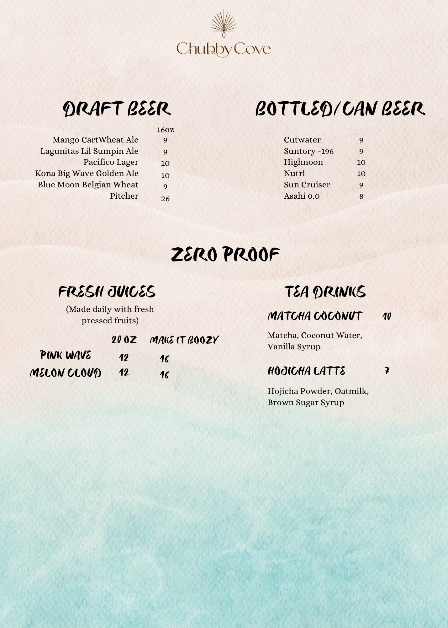 Chubby Cove | Menu
